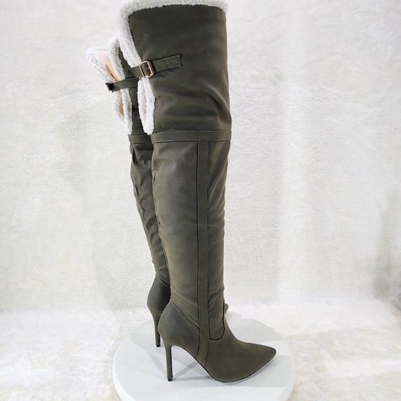 Olive Green Fluffy Fleece Lined  Fold Under / Over the Knee Pointy Toe Boots - Picture 9 of 13